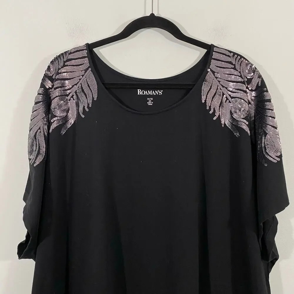 Roaman's Women Black With Silver Sequins Shoulder Accent Short Sleeve Top Sz 4X